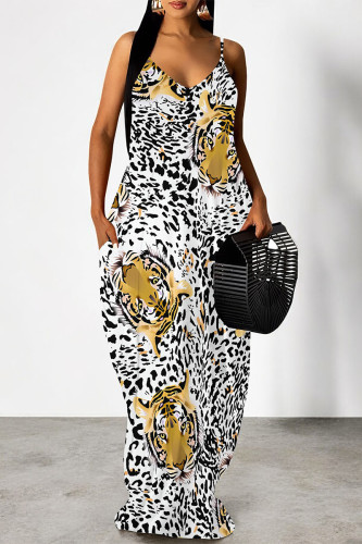 White Sexy Floral Print Leopard Pocket Contrast V Neck Printed Dresses
