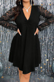 Black Casual Solid Color Lace Patchwork V Neck Long Plus Size Dresses