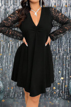 Black Casual Solid Color Lace Patchwork V Neck Long Plus Size Dresses