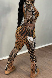 Stripe Street Geometric Print Flowers Leopard Contrast O Neck Long Sleeve Two Pieces