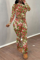 Red Street Geometric Print Flowers Leopard Contrast O Neck Long Sleeve Two Pieces