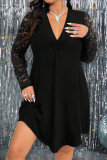 Black Casual Solid Color Lace Patchwork V Neck Long Plus Size Dresses