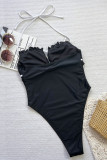 Black Sexy Solid Color Backless Strap Design Swimwears
