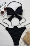 Black Sexy Solid Color Hollow Out Backless Swimwears