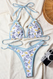 Blue Sexy Print Backless Strap Design Swimwears