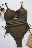 Brown Sexy Solid Color Draw String Backless Swimwears