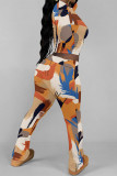 Stripe Street Geometric Print Flowers Leopard Contrast O Neck Long Sleeve Two Pieces