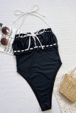 Black Sexy Solid Color Backless Strap Design Swimwears
