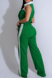 Green Casual Pocket Buckle Contrast Turndown Collar Sleeveless Two Pieces