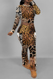 Stripe Street Geometric Print Flowers Leopard Contrast O Neck Long Sleeve Two Pieces