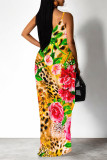 Orange Sexy Floral Print Leopard Pocket Contrast V Neck Printed Dresses