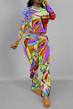 Stripe Street Geometric Print Flowers Leopard Contrast O Neck Long Sleeve Two Pieces