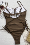 Brown Sexy Solid Color Draw String Backless Swimwears