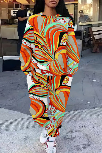 Orange Casual Street Camouflage Print Stripe Draw String Pocket Contrast O Neck Long Sleeve Two Pieces