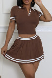 Burgundy Casual Stripe Buttons Patchwork Turndown Collar Short Sleeve Two Pieces