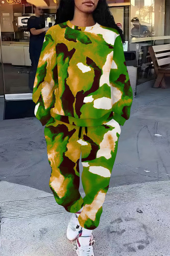 Green Casual Street Camouflage Print Stripe Draw String Pocket Contrast O Neck Long Sleeve Two Pieces