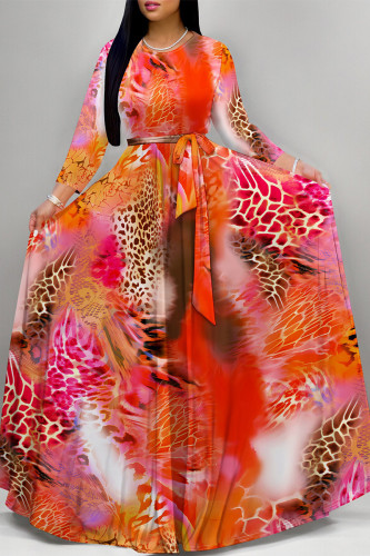 Orange Red Elegant Geometric Print Animal Print Pocket Lace Up Contrast O Neck Printed Dresses