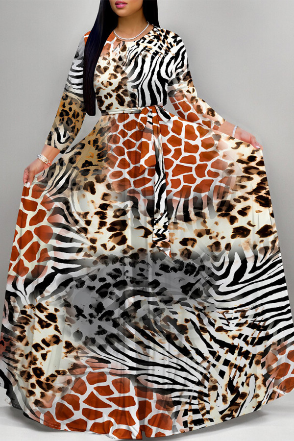 Brown Elegant Geometric Print Animal Print Pocket Lace Up Contrast O Neck Printed Dresses