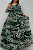 Brown Elegant Geometric Print Animal Print Pocket Lace Up Contrast O Neck Printed Dresses