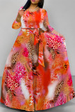 Brown Elegant Geometric Print Animal Print Pocket Lace Up Contrast O Neck Printed Dresses