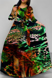 Brown Elegant Geometric Print Animal Print Pocket Lace Up Contrast O Neck Printed Dresses