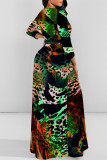 Brown Elegant Geometric Print Animal Print Pocket Lace Up Contrast O Neck Printed Dresses