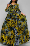 Brown Elegant Geometric Print Animal Print Pocket Lace Up Contrast O Neck Printed Dresses