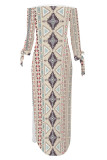 Khaki Sexy National Totem Print Lace Up Slit Contrast Off Shoulder Irregular Dresses