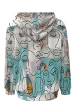 Baby Blue Casual Stripe Map Printing Draw String Pocket Hooded Tops