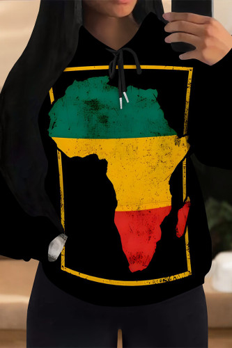 Black Green Casual Stripe Map Printing Draw String Pocket Hooded Tops