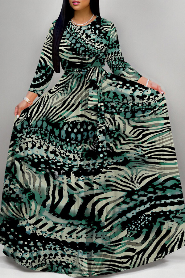 Dark Green Elegant Geometric Print Animal Print Pocket Lace Up Contrast O Neck Printed Dresses