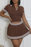 Burgundy Casual Stripe Buttons Patchwork Turndown Collar Short Sleeve Two Pieces