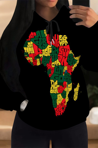 Red Green Casual Stripe Map Printing Draw String Pocket Hooded Tops