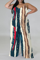 Cream White Casual Street Geometric Print Contrast V Neck Plus Size Jumpsuits(There is a headscarf)