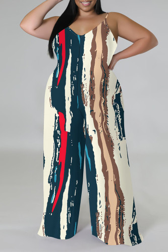 Cream White Casual Street Geometric Print Contrast V Neck Plus Size Jumpsuits(There is a headscarf)