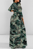 Brown Elegant Geometric Print Animal Print Pocket Lace Up Contrast O Neck Printed Dresses