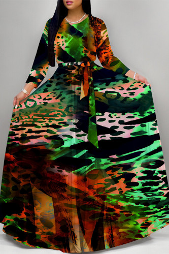 Black Green Elegant Geometric Print Animal Print Pocket Lace Up Contrast O Neck Printed Dresses