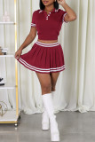 Burgundy Casual Stripe Buttons Patchwork Turndown Collar Short Sleeve Two Pieces