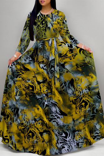 Tawny Elegant Geometric Print Animal Print Pocket Lace Up Contrast O Neck Printed Dresses
