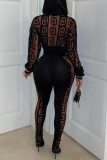 Black Sexy Solid Color Buttons Patchwork See-Through Turndown Collar Long Sleeve Two Pieces