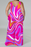 Green Casual Street Geometric Print Contrast V Neck Plus Size Jumpsuits(There is a headscarf)