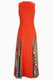 Orange Casual Print Patchwork O Neck Long Plus Size Dresses