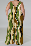 Green Casual Street Geometric Print Contrast V Neck Plus Size Jumpsuits(There is a headscarf)