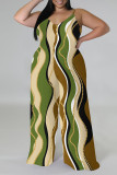 Green Casual Street Geometric Print Contrast V Neck Plus Size Jumpsuits(There is a headscarf)