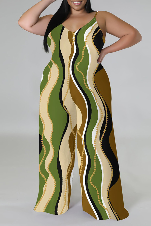 Green Casual Street Geometric Print Contrast V Neck Plus Size Jumpsuits(There is a headscarf)