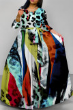 Brown Elegant Geometric Print Animal Print Pocket Lace Up Contrast O Neck Printed Dresses