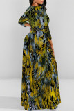 Brown Elegant Geometric Print Animal Print Pocket Lace Up Contrast O Neck Printed Dresses