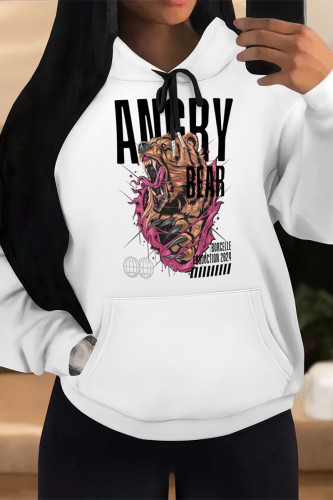 White Brown Casual Animal Print Draw String Pocket Hooded Tops