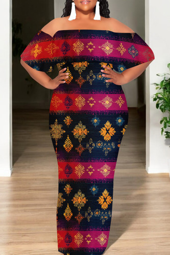 Multicolor Casual Print Patchwork Backless Flounce Off Shoulder Long Dresses