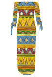 Khaki Sexy National Totem Print Lace Up Slit Contrast Off Shoulder Irregular Dresses